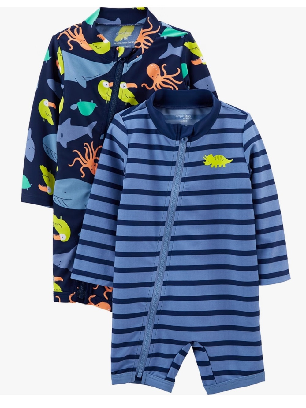 Bundle: Full Zip Rash Guard Swimsuit, Stripes, Ocean Print, 3-6 Months